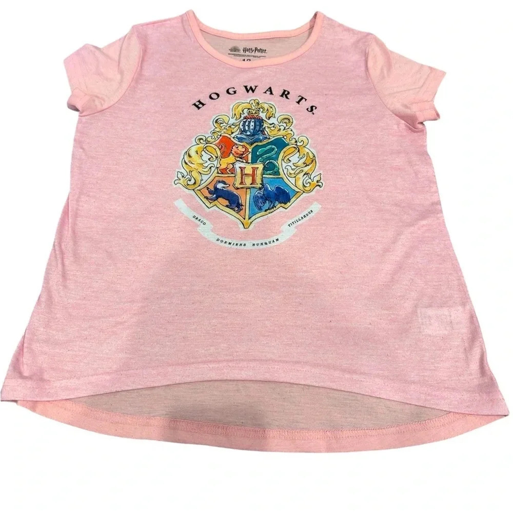 Harry Potter Girls Pink Hogwarts Crest Graphic Short Sleeve T-Shirt Size 12